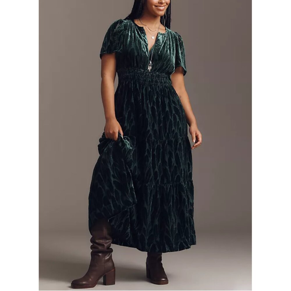 NWOT Anthropologie The Somerset Velvet Maxi Dress Dark Green Feather Print MP